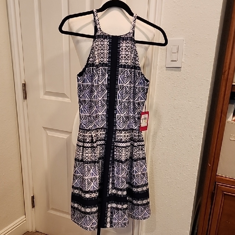 Vince Camuto Navy and White Geometric Midi Dress